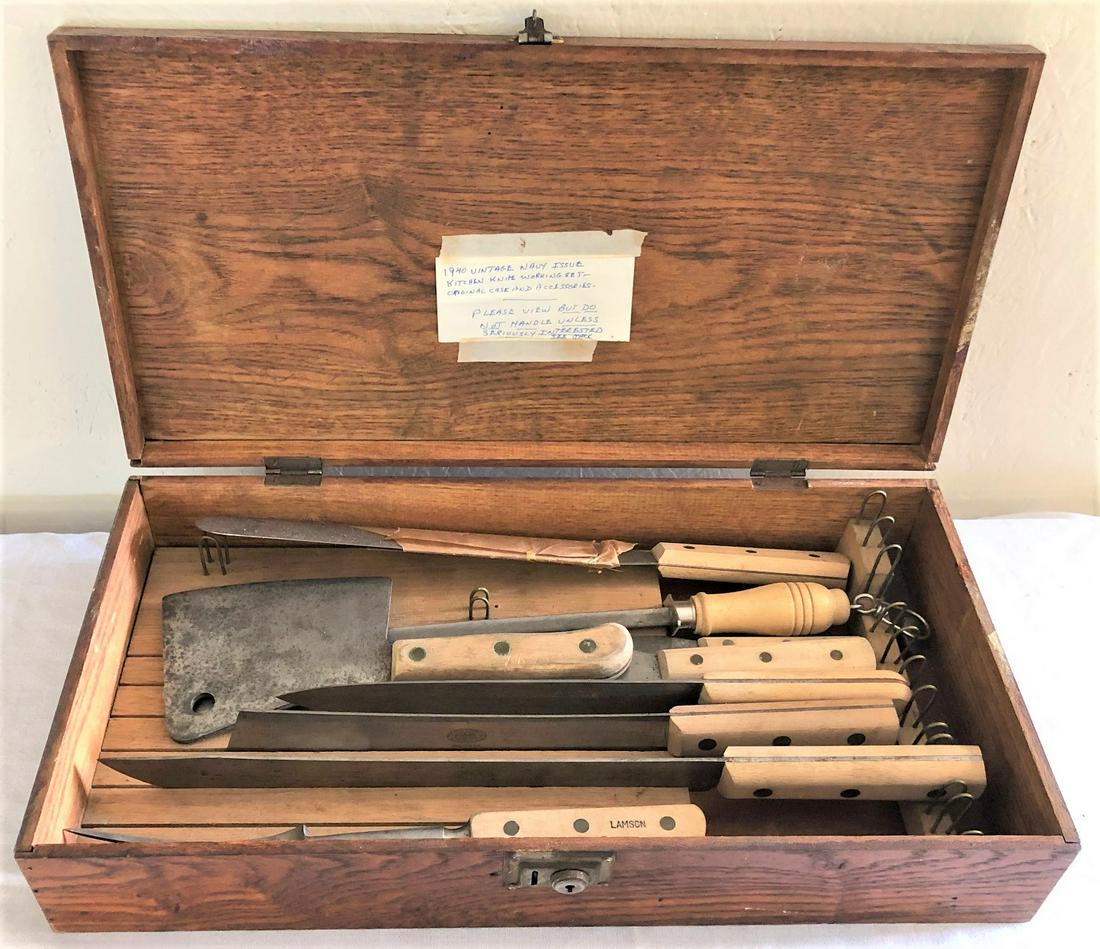 VINTAGE NAVY ISSUE KNIFE SET IN OAK BOX: KITCHEN KNIFE SET IN OAK BOXâ€¦9 PIECE CUTLERY SET - THE CLYDE CUTLERY CO. CLYDE, OHIO U.S.A. - U.S. 1952