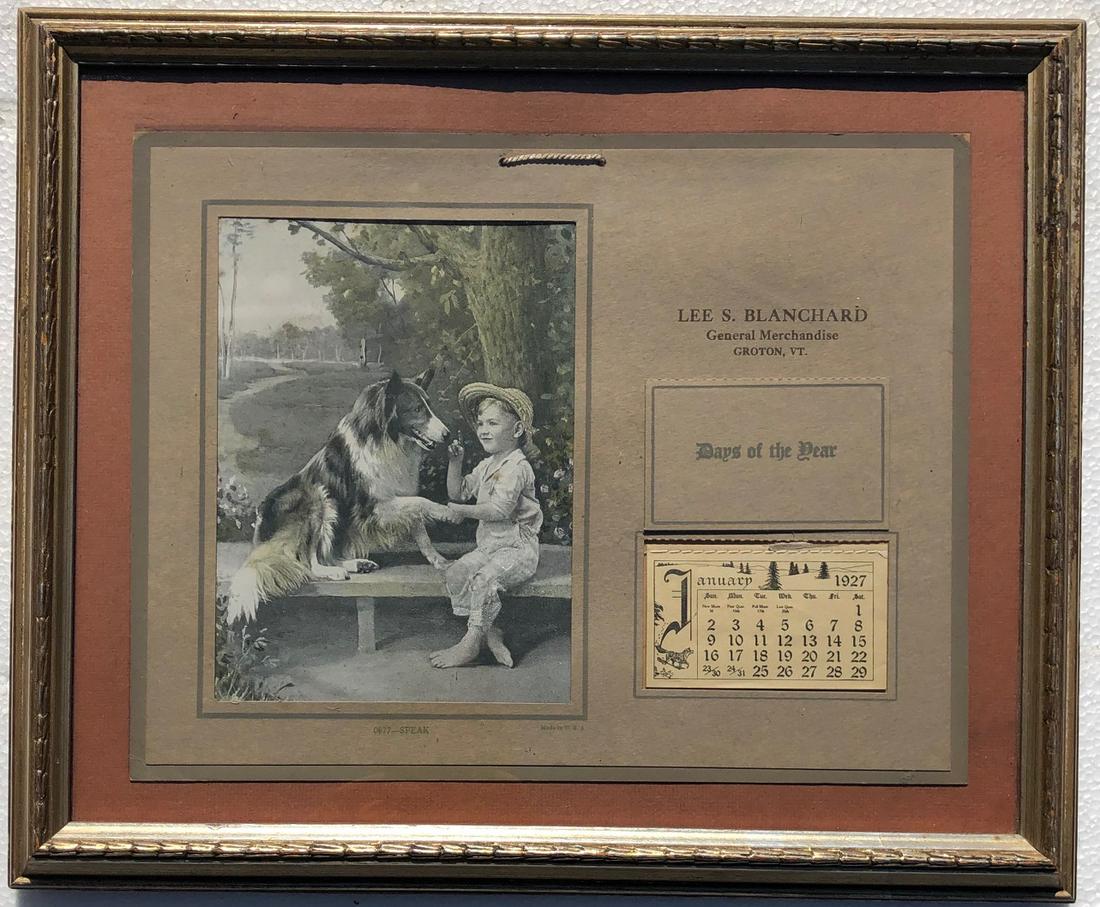 VINTAGE 1927 ADVERTISING CALENDAR: FRAMED AND MATTED - CHILD WITH COLLIE DOG NUMBERED AND TITLED "0877 - SPEAK" - "LEE S. BLANCHARD GENERAL MERCHANDISE GROTON, VT. - DIMENSIONS: FRAME 17 1/4" X 14 1/4"