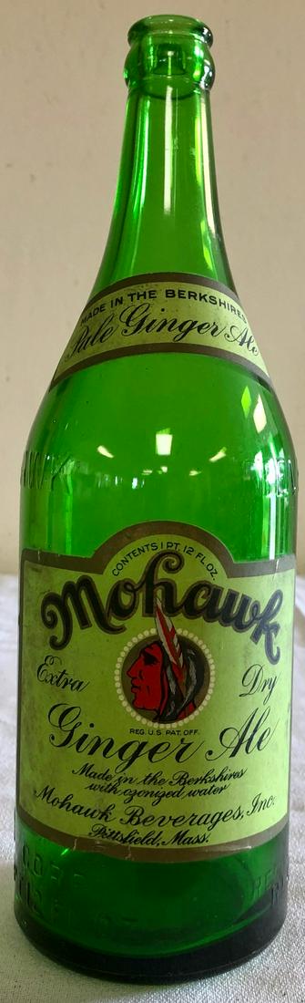 VINTAGE BREEN "MOHAWK GINGER ALE" BOTTLE: "MOHAWK BEVERAGES INC. PITTSFIELD, MASS." - ORIGINAL PAPER LABEL INTACT