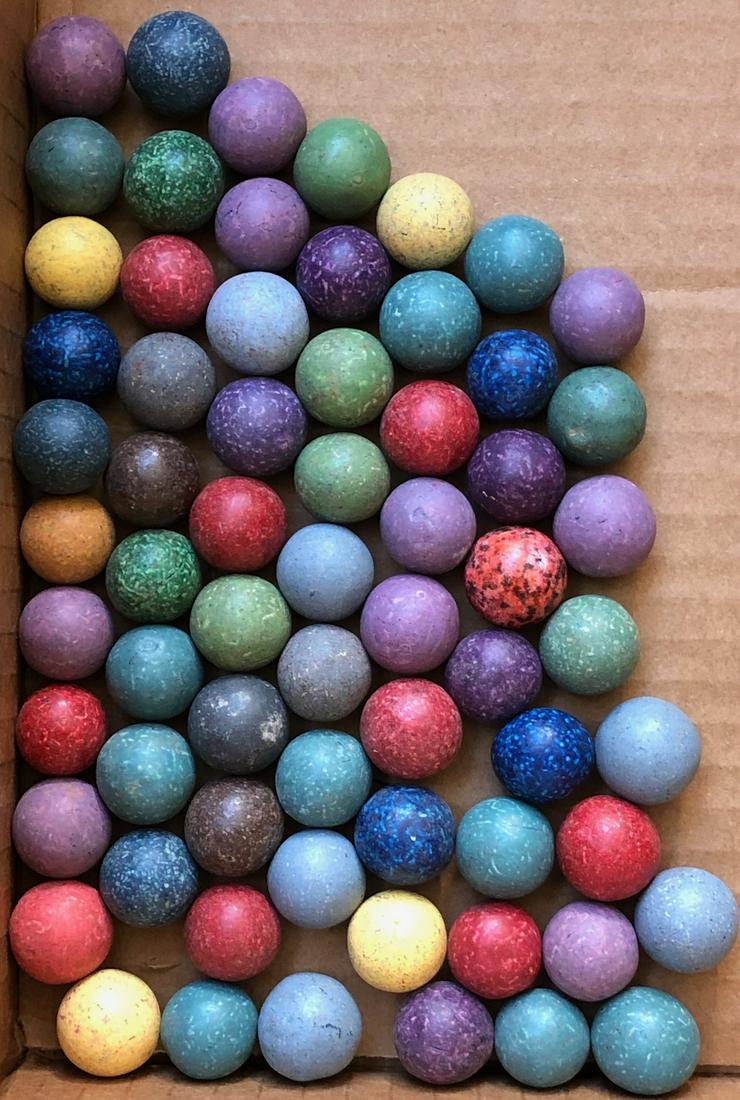 LOT 66 VINTAGE CLAY MARBLES: APPROX. 3/4" DIAMETER - MULTIPLE COLORS