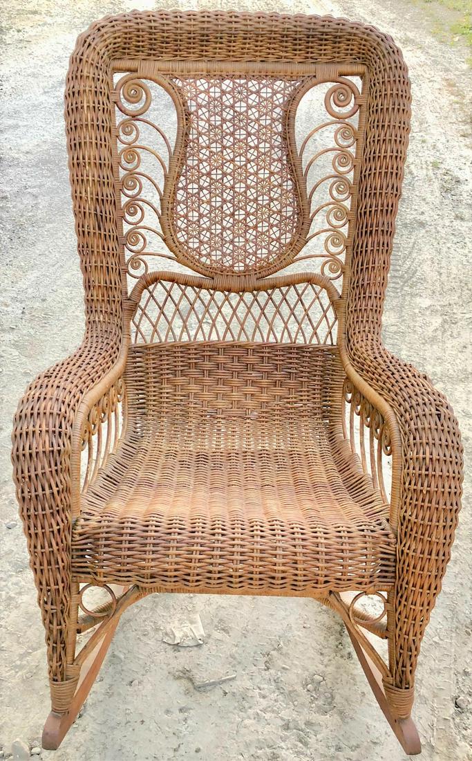 VICTORIAN HEYWARD WAKEFIELD WICKER ROCKER: NATURAL WICKER ROCKING CHAIR ATTRIBUTED TO HEYWARD WAKEFIELD - LYRE BACK - VERY GOOD ORIGNAL CONDITION