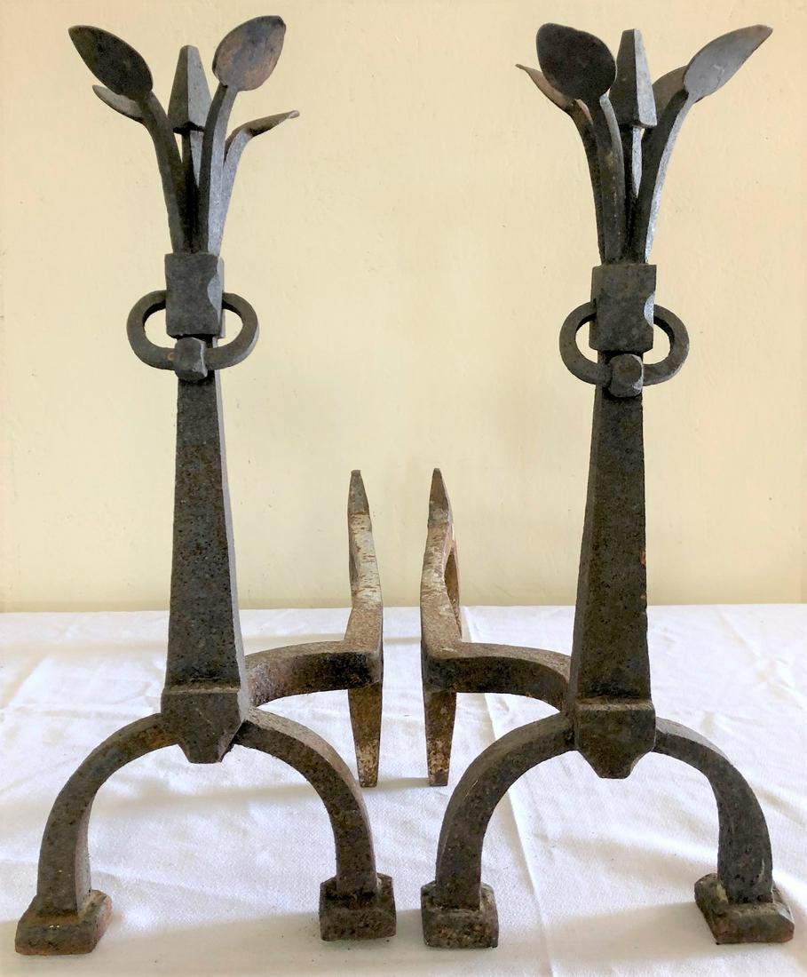 PR. WROUGHT IRON ARTS & CRAFTS ANDIRONS: ARTS & CRAFTS PERIOD WROUGHT IRON ANDIRONS WITH 'FLOWER PETAL' TOPS - DIMENSIONS: 19" HIGH X 19 1/4" DEEP X 8"WIDE