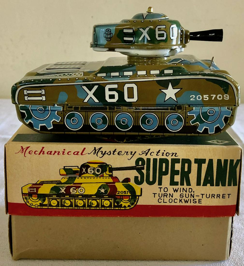 VINTAGE MECHANICAL "SUPER TANK" TOY IN BOX: NEW OLD STOCK' - MECHANICAL MYSTERY ACTION SUPER TANK TIN LITHO TOY IN ORIGINAL BOX - MINT IN BOX