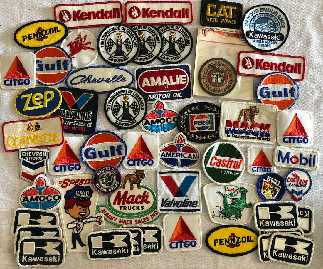 LOT 55 VINTAGE PATCHES - GULF, MOBIL, PEPSI ETC.: GASOLINE, OIL, SERVICE STATION, SNOWMOBILE, MOTORCYCLE RELATEDâ€¦ GULF, MOBILE, CITGO, AMOCO, PEPSI, CHEVRON, CORVETTE, PENNZOIL, MACK TRUCK, VALVOLINE, INDIAN MOTORCYCLES, KENDALL, KAWASAKI, CHEV