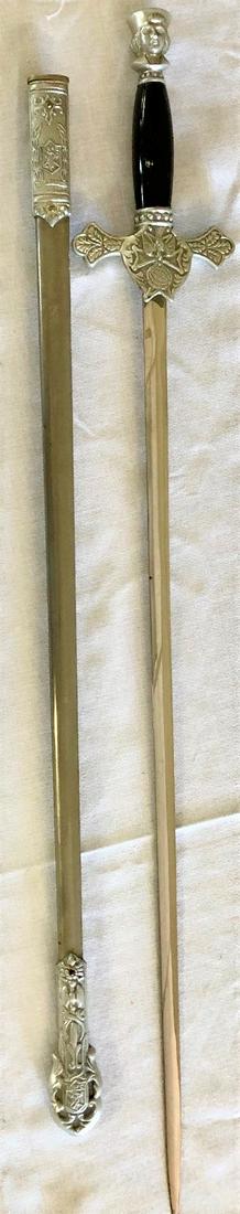 KNIGHTS OF COLUMBUS DRESS SWORD W/ SCABBARD: VINTAGE "K OF C" SWORD AND SCABBARD WITH DECORATIVE WORK - 35 3/4" LONG, 26 3/4" BLADE