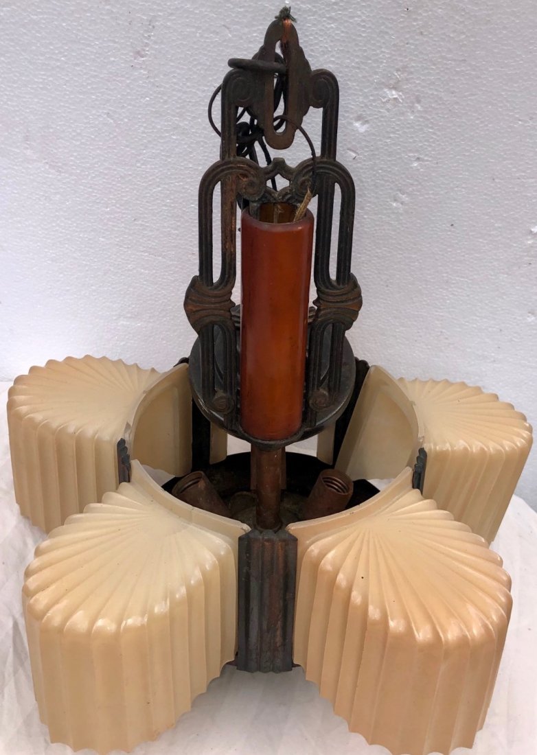 ART DECO CAST IRON, BAKELITE, GLASS 5 LIGHT CHANDELIER: ANTIQUE ART DECO CAST IRON, BAKELITE AND GLASS 5 LIGHT CHANDELIER - CAST IRON FRAME W/ GILT HIGHLIGHTS, ORANGE BAKELITE TUBE AND BOTTOM FINIAL (WHICH IS ALSO ON OFF SWITCH), ORIGINAL CAST IRON CANOPY 