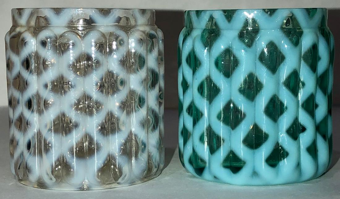 LOT 2 RIBBED OPAL LATTICE TOOTHPICK HOLDERS: LOT OF 2â€¦ ONE BLUE AND ONE CLEAR - LATE 19TH CENTURY - CONDITION: UNDAMAGED - NO CHIPS, CRACKS OR REPAIRS