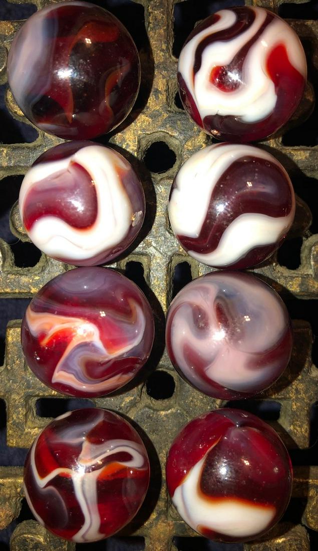 LOT 8 VINTAGE / ANTIQUE MARBLES: AKRO AGATE, CHRISTENSEN, SLAG, RAVENSWOOD, ALLEY AGATE, PELTIER, ??? ETC - CONDITION: GOOD...COMMENSURATE WITH AGE AND USE
