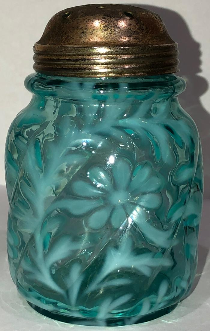 BLUE OPALESCENT RIBBED "DAISY & FERN" SUGAR SHAKER: PARIAN SWIRL MOLD - LATE 19TH C. - CONDITION: UNDAMAGEDâ€¦NO CHIPS, CRACKS OR REPAIRS