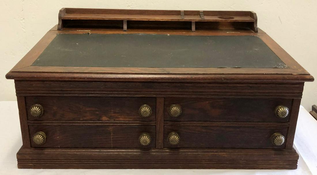 JP COATS OAK SLANT FRONT SPOOL CABINET DESK: JP COATS OAK COUNTRY STORE SLANT FRONT SPOOL CABINET DESK WITH LIFT LID OVER 4 DRAWERS - ***NOTE - THIS ITEM RESPONSIBILITY OF BUYER TO ARRANGE SHIPPING - BLANKET WRAP COMPANIES AND PACK AND SHIP COMP