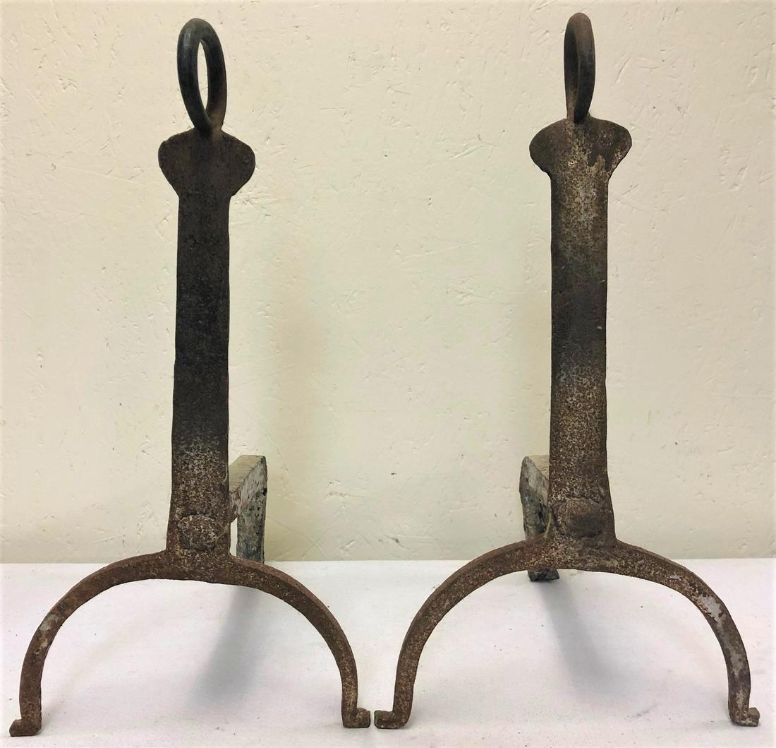 18TH, 19TH C. KNIFE BLADE WROUGHT IRON ANDIRONS: PAIR 18TH, 19TH C. KNIFE BLADE WROUGHT IRON ANDIRONS