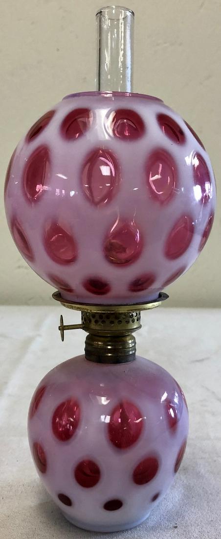 MINIATURE CRANBERRY OPALESCENT COIN SPOT OIL LAMP: MINIATURE CRANBERRY OPALESCENT COIN SPOT ART GLASS OIL LAMP / GONE WITH THE WIND LAMP WITH CHIMNEYâ€¦BRASS COLLAR AND BURNER - EXCELLENT CONDITIONâ€¦NO CHIPS, CRACKS OR REPAIRS