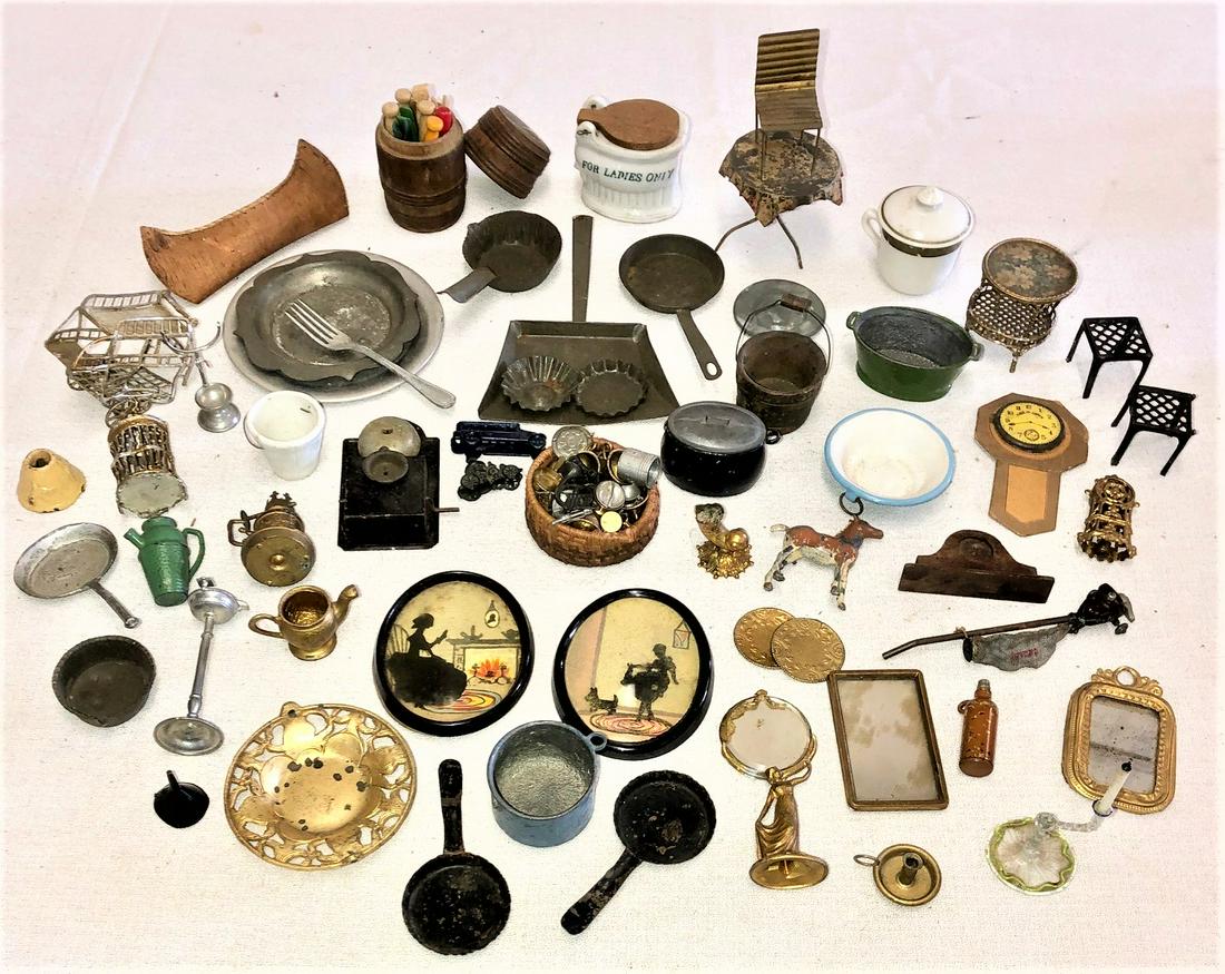 LOT 75+ PCS VINTAGE METAL DOLL HOUSE ACCESSORIES: LOT 75+ PCS VINTAGE METAL, WOOD, PORCELAIN, GLASS, BIRCH BARK, ETC. DOLL HOUSE ACCESSORIES / CHILDREN'S TOYSâ€¦TABLES, CHAIRS, POTS, PANS, DUST PAN, LAMPS, MIRRORS, CAST IRON VACUUM CLEANER, SILHO