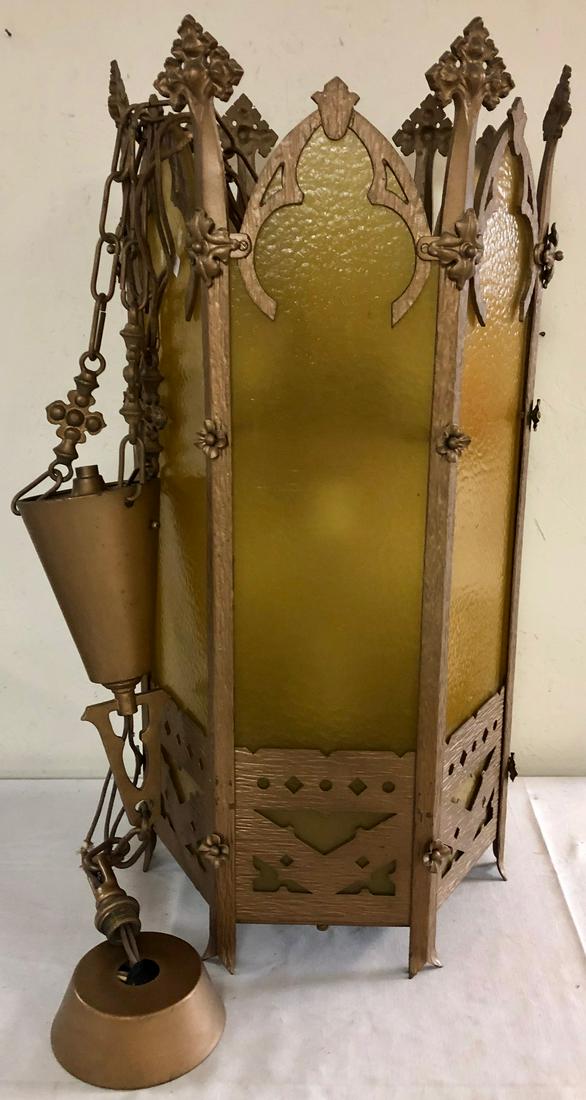 LG ARTS & CRAFTS MISSION ERA LIGHT FIXTURE: LARGE VINTAGE ARTS & CRAFTS MISSION ERA HEXAGONAL LIGHT FIXTURE - CAST METAL WITH A COPPER FINISH - AMBER GLASS PANELS - EXCELLENT CONDITION - NO BREAKS, CRACKS, REPAIRS, ETC. TO THE METAL OR GLASS PA