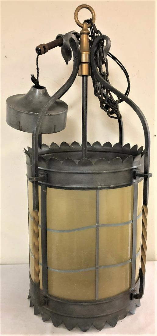 LG ART DECO ERA LIGHT FIXTURE: LG VINTAGE ART DECO ERA LIGHT FIXTURE - WROUGHT IRON / METAL WITH AMBER GLASS PANELS - EXCELLENT CONDITION - NO BREAKS, CRACKS, REPAIRS, ETC. TO THE METAL OR GLASS PANELS - 39 3/4" HIGH (FIXTURE ONLY 