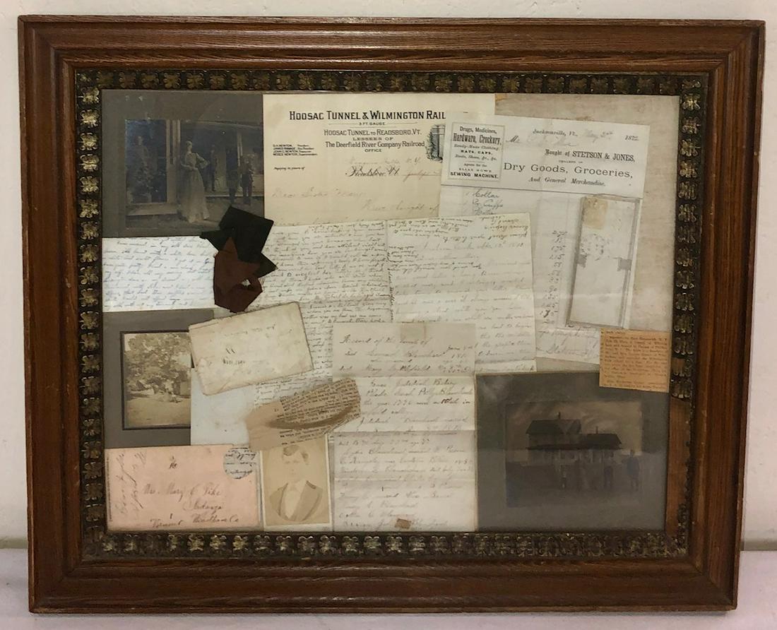 ANTIQUE RAILROAD MEMORABILIA COLLAGE: ANTIQUE RAILROAD MEMORABILIA COLLAGE IN ANTIQUE FRAME - RAILROAD EPHEMERA - HOOSAC TUNNEL AND WILMINGTON RAILROAD, THE DEERFIELD RIVER COMPANY RAILROAD, LETTERS, PHOTOS, RECEIPTS, ETC.
