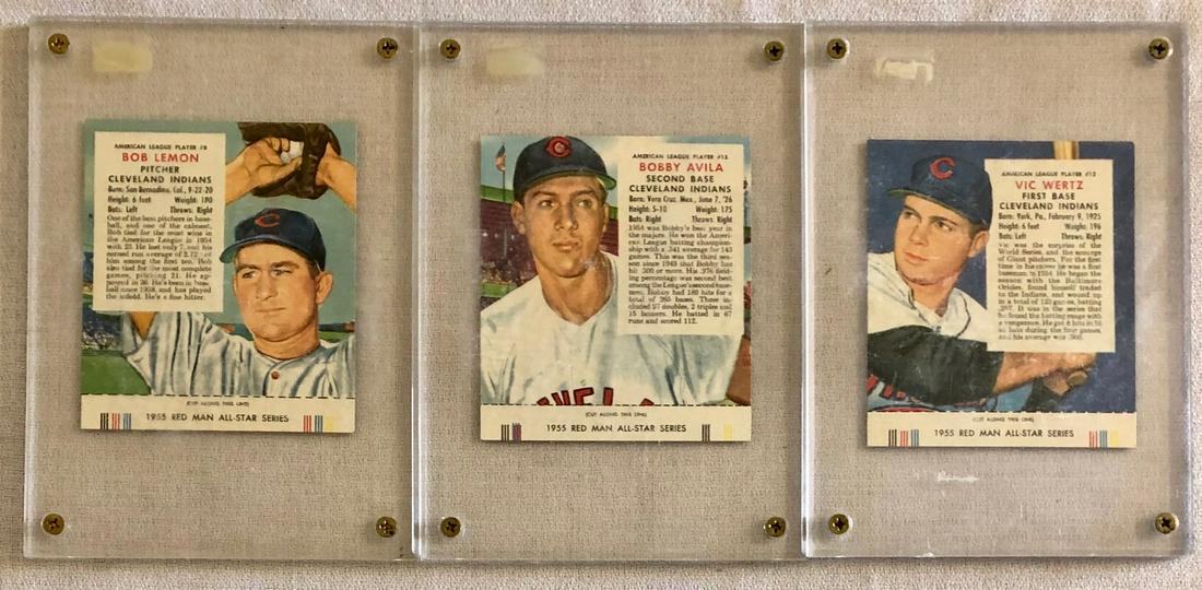 LOT 3 REDMAN 1955 BASEBALL CARDS: LOT 3 REDMAN 1955 BASEBALL CARDS, ALL-STAR SERIES - TABS STILL INTACT - BOB LEMON, BOBBY AVILA, VIC WERTZ