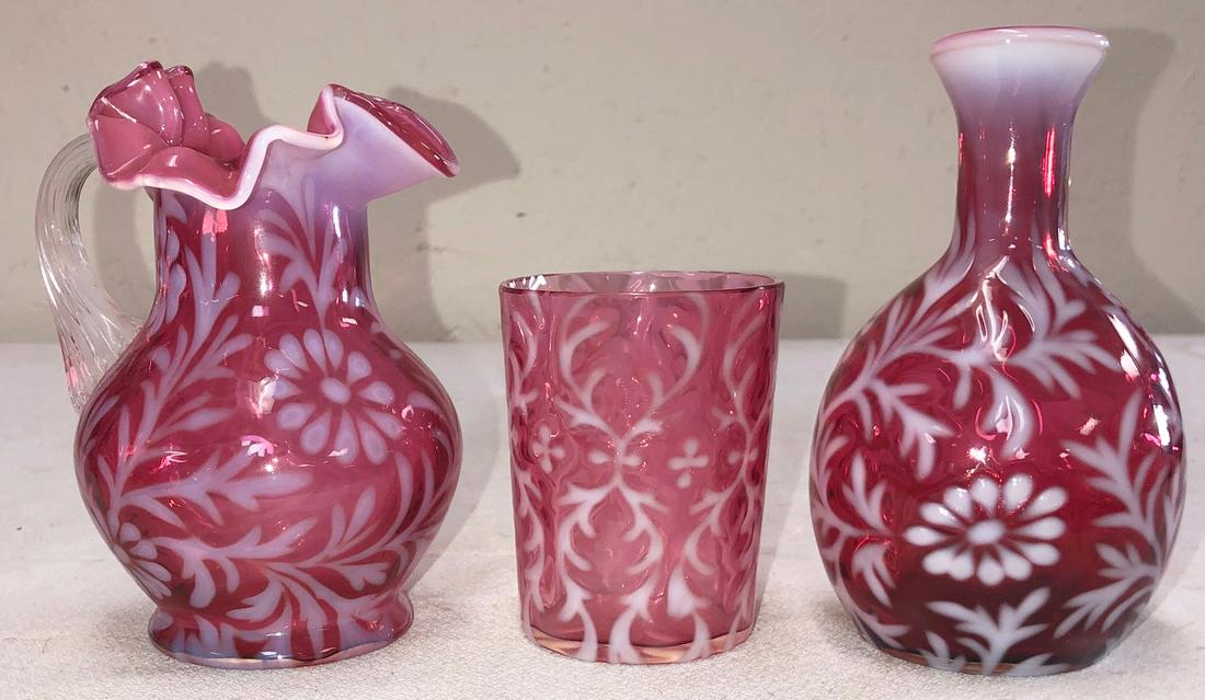 LOT 3 CRANBERRY OPALESCENT ART GLASS PIECES: LOT 3 CRANBERRY OPALESCENT ART GLASS PIECES - DAISY & FERN CREAMER, BROCADE / SPANISH LACE TUMBLER AND A DAISY & FERN VASE OR BARBER BOTTLE? - ALL IN EXCELLENT CONDITIONâ€¦NO CHIPS, CRACKS OR REPA