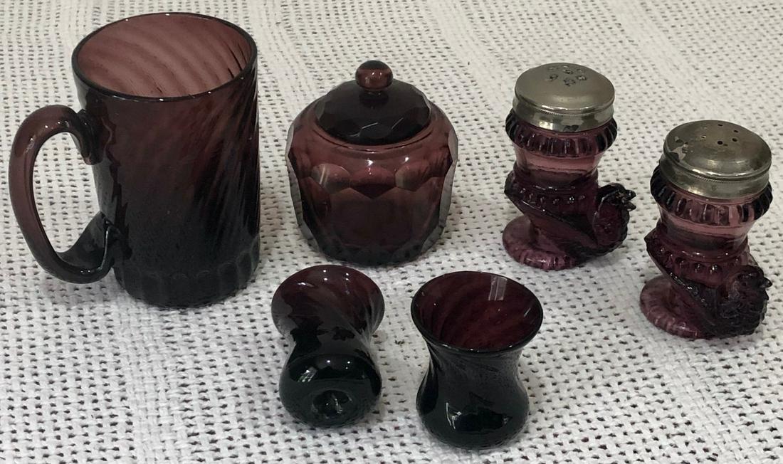 LOT 6 VINTAGE / ANTIQUE AMETHYST GLASS PIECES: LOT 6 VINTAGE / ANTIQUE AMETHYST GLASS PIECES - HAND BLOWN MUG WITH APPLIED HANDLE, PR HAND BLOWN SHOT GLASSES, SMALL LIDDED JAR, PR. MOLDED BIRD SALT & PEPPER SHAKERS - ALL IN EXCELLENT CONDITIONâ��