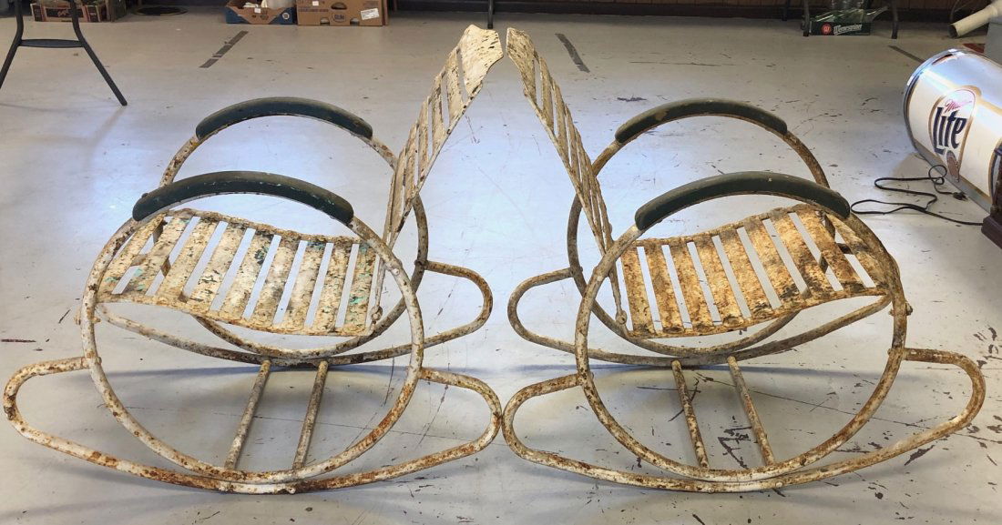 PR ART DECO WROUGHT TUBULAR METAL ROCKING CHAIRS: AN UNUSAL PAIR OF ART DECO WROUGHT TUBULAR METAL GARDEN / PATIO LOUNGE ROCKING CHAIRS - ROUND TUBULAR SIDES, ROCKERS AND HORIZONTAL ROCKER SUPPORTS AND SLAT BACKS AND SEATS - CIRCA 1930 - ***NOTE - TH