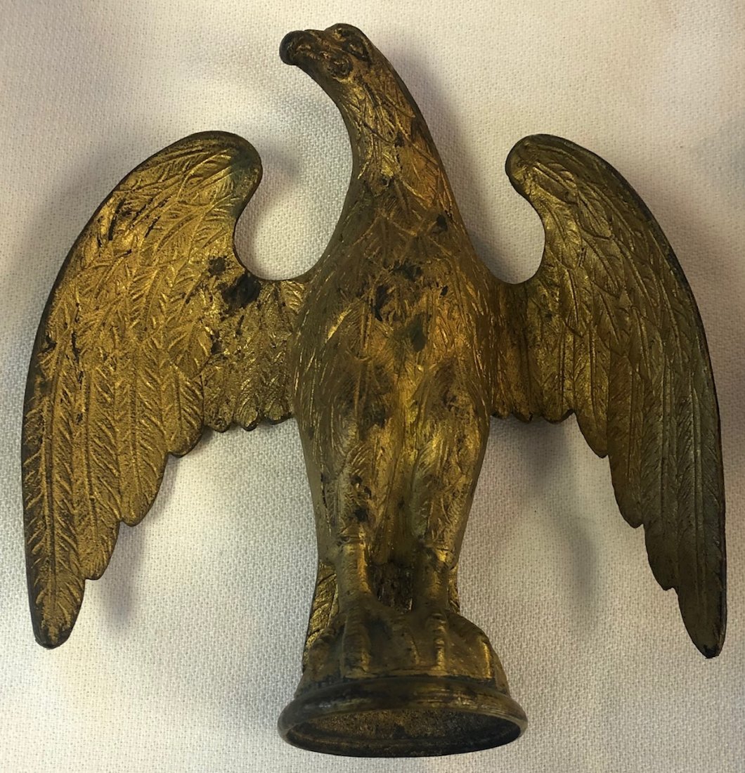 GILT CAST IRON EAGLE FLAG POLE TOPPER: ANTIQUE GILT CAST IRON EAGLE FLAG POLE TOPPER