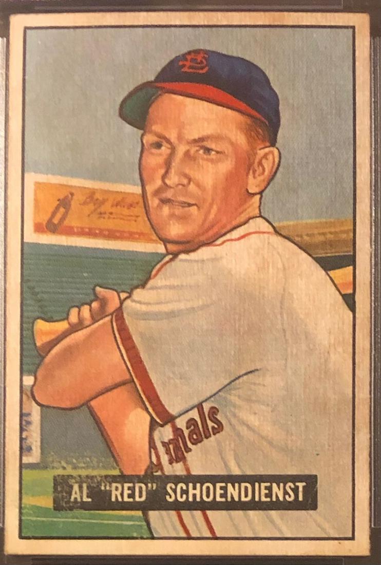 1951 BOWMAN AL SCHOENDIENST BASEBALL CARD: AL "RED" SCHOENDIENST HALL OF FAMER - SHARP CORNERS, GREAT CENTERING, SLIGHT TONING