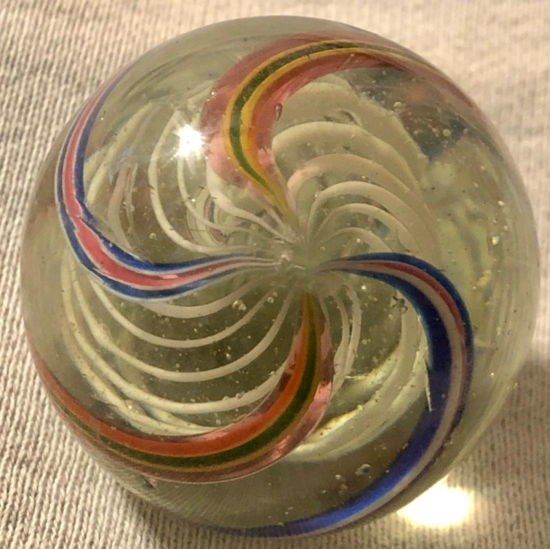 LG. HAND MADE SWIRL GLASS MARBLE: WHITE LATTICINIO CORE SWIRL - CHIPS TO SURFACE - 1 1/2" DIAMETER