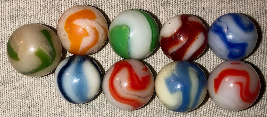LOT 9 VINTAGE / ANTIQUE GLASS MARBLES: VARIOUS COLORS AND TYPES...AKRO AGATE, SLAG, ALLEY AGATE, CHRISTENSEN, PELTIER, ETC. - 2 URANIUM / VASELINE GLASSâ€¦GLOW UNDER BLACK LIGHT - 1/2" - 9/16" DIAMETER