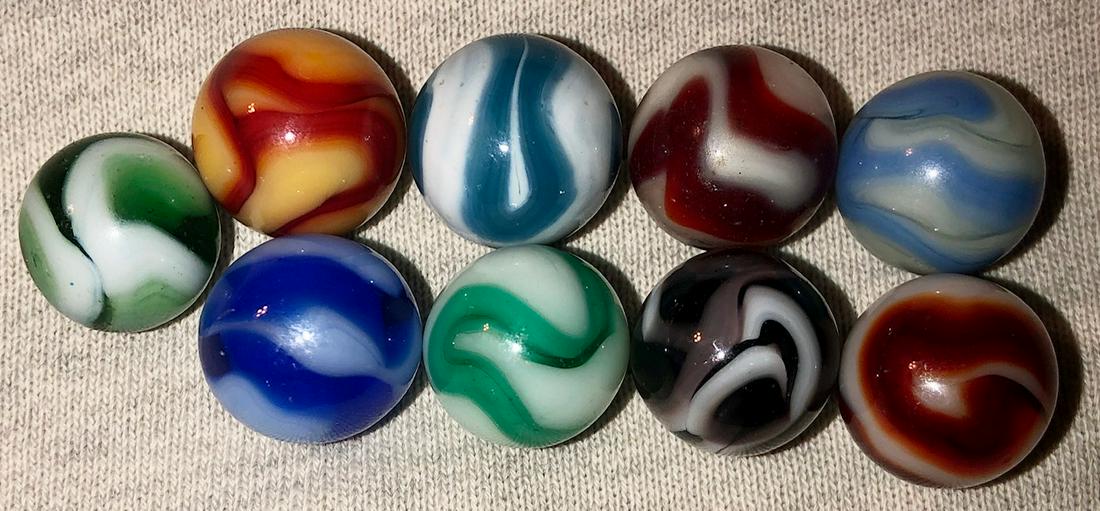 LOT 9 VINTAGE / ANTIQUE GLASS MARBLES: VARIOUS COLORS AND TYPES...AKRO AGATE, SLAG, ALLEY AGATE, CHRISTENSEN, PELTIER, ETC. - 1/2" - 9/16" DIAMETER