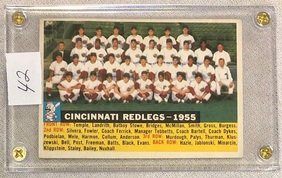 1956 TOPPS CINCINNATI REDLEGS TEAM CARD: RARE 1956 TOPPS CINCINNATI REDLEGS BASEBALL TEAM CARD - WHITE BACK - DATED! EX PLUS TO EX MINT