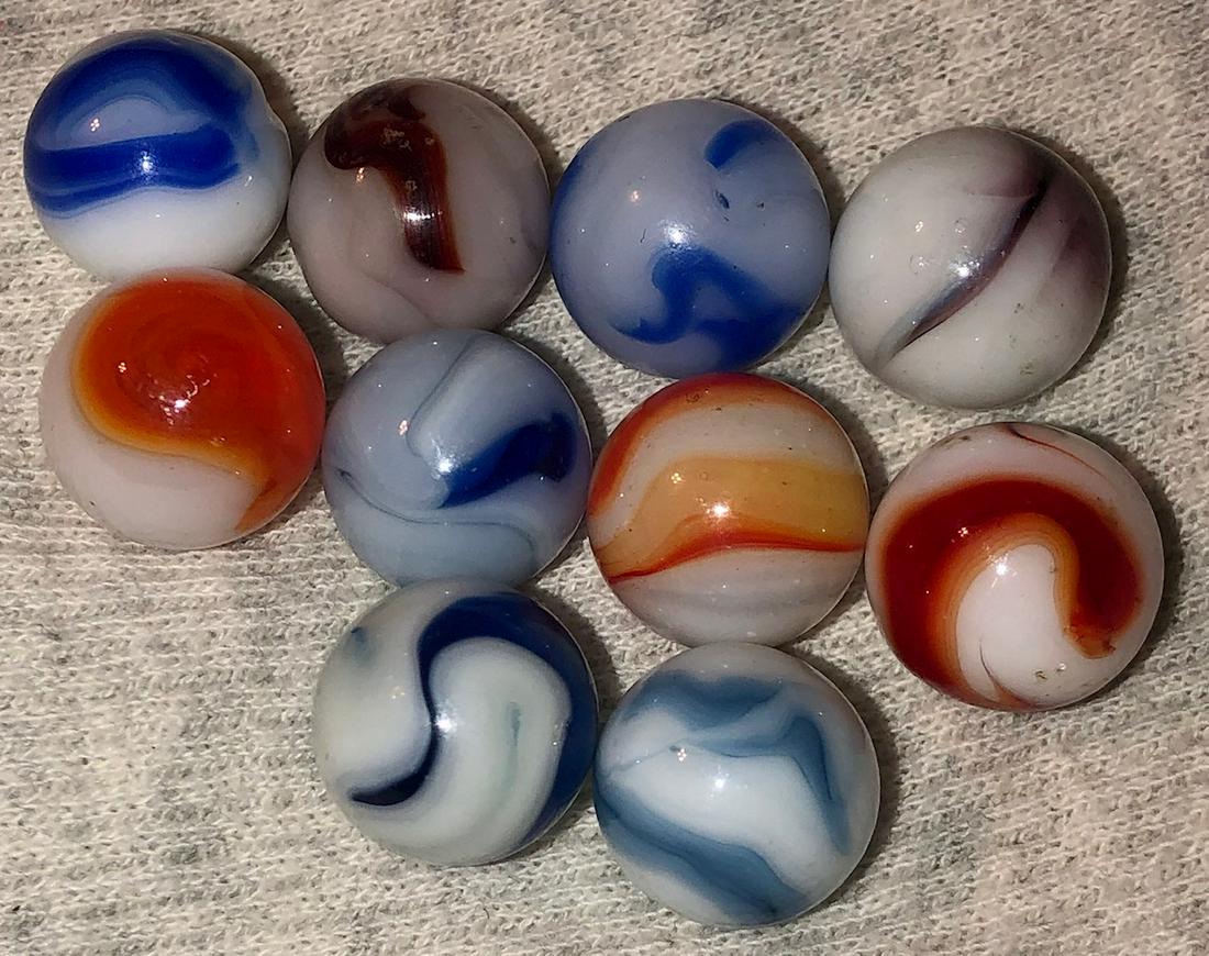 LOT 10 VINTAGE / ANTIQUE GLASS MARBLES: VARIOUS COLORS AND TYPES...AKRO AGATE, SLAG, ALLEY AGATE, CHRISTENSEN, PELTIER, ETC. - 1/2" - 9/16" DIAMETER