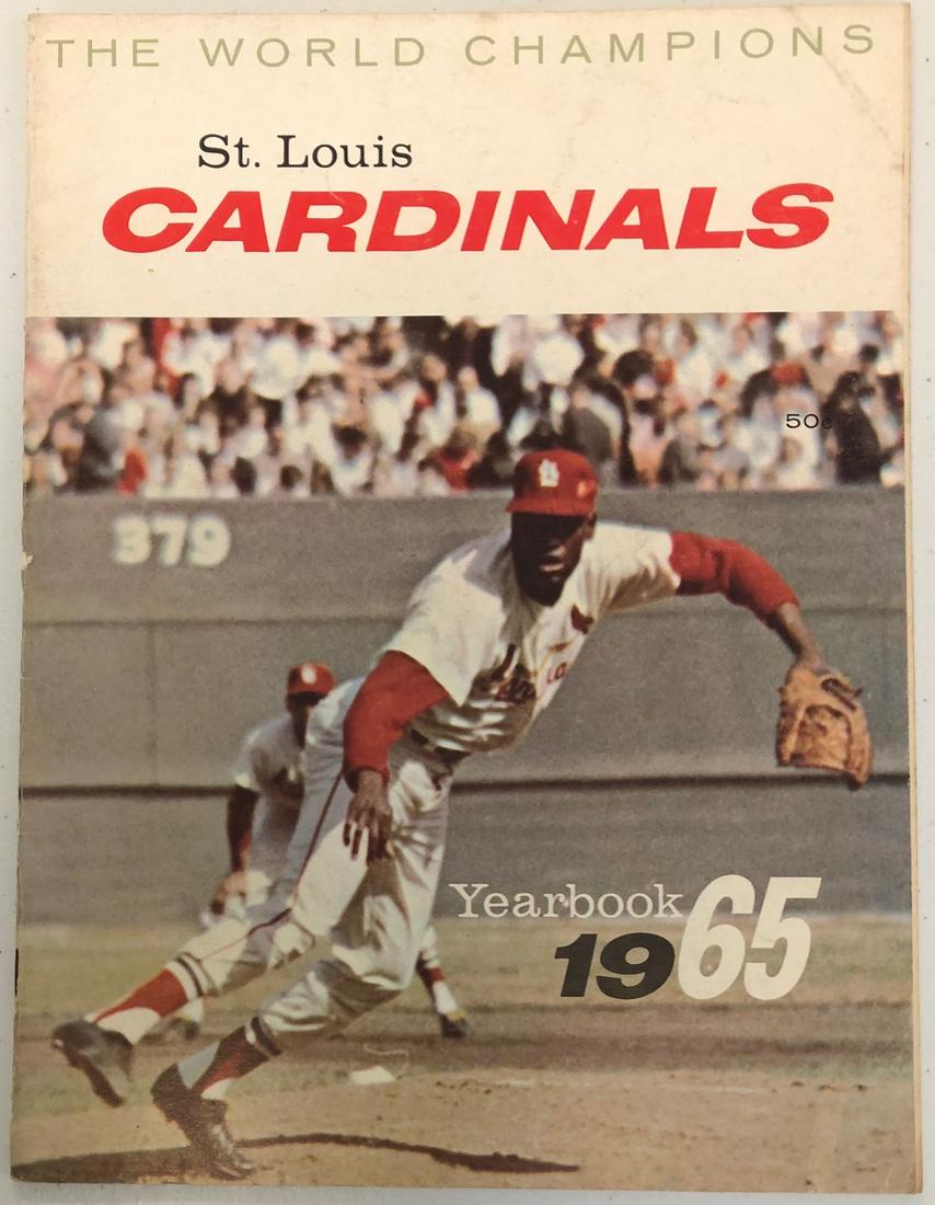 1965 ST. LOUIS CARDINALS YEARBOOK: WITH BOB GIBSON FLYING OFF THE MOUND - GREAT CONTENTS OF 1964 WORLD SERIES CHAMPS - SLIGHT WEAR ON COVER