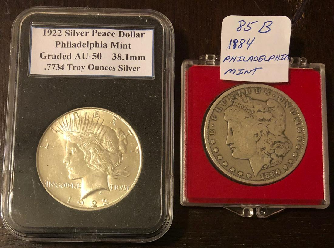 LOT 2 SILVER DOLLARS - PEACE DOLLAR, MORGAN DOLLAR (1 of 6)