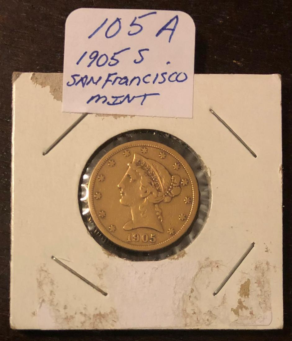 1905-S $5 LIBERTY HEAD GOLD COIN (1 of 3)