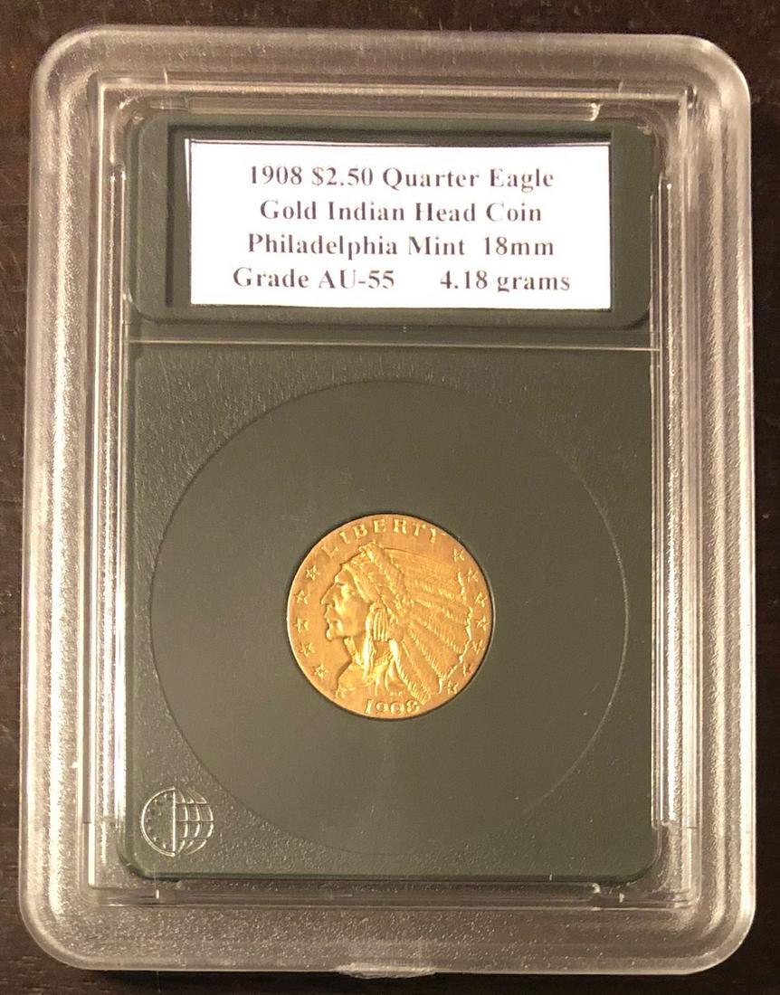 GRADED 1908 $2.50 GOLD INDIAN HEAD COIN (1 of 6)