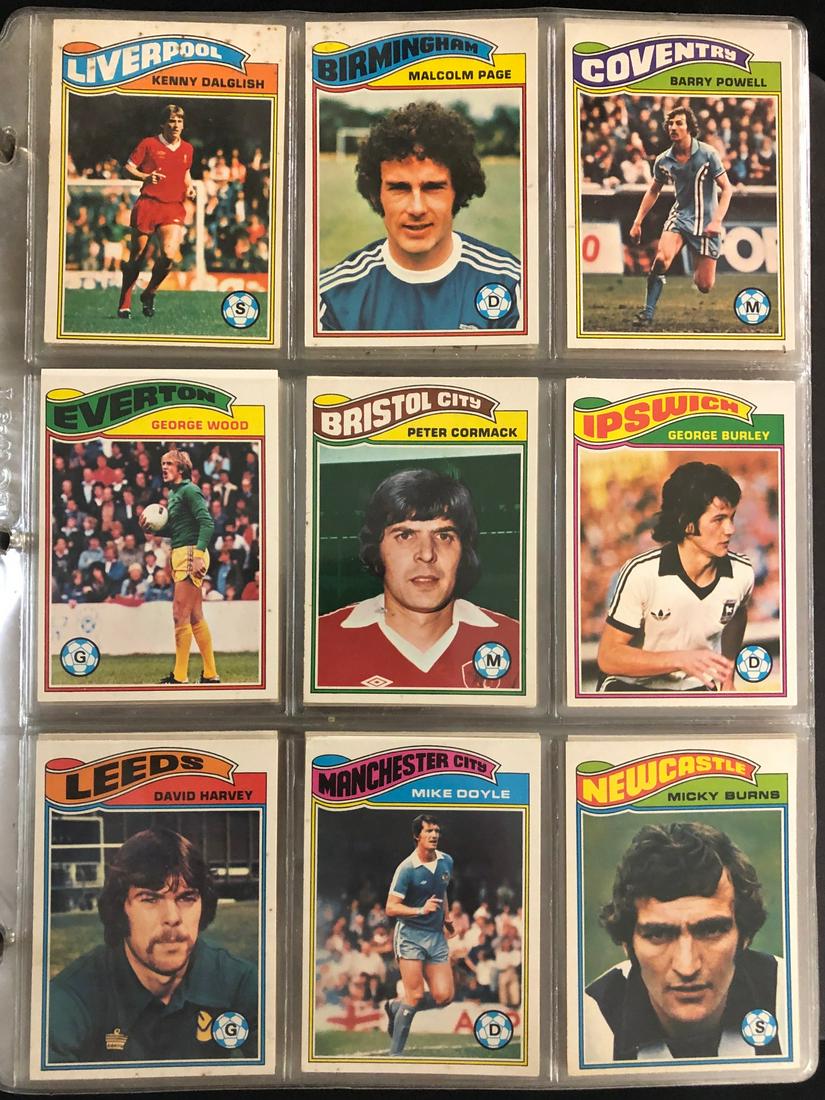 LOT 394 TOPPS 1977 ENGLISH PREMIER LEAGUE SOCCER SET: 394 CARDS OF 396 CARD SETâ€¦ENGLISH PREMIER LEAGUE SOCCER CARD SETâ€¦MISSING ONLY 2 CARDS FROM BEING COMPLETE SET - VERY SHARP CORNERS THROUGHOUT - 3 HAVE SCUFFED SURFACE - VARIOUS CENTERING
