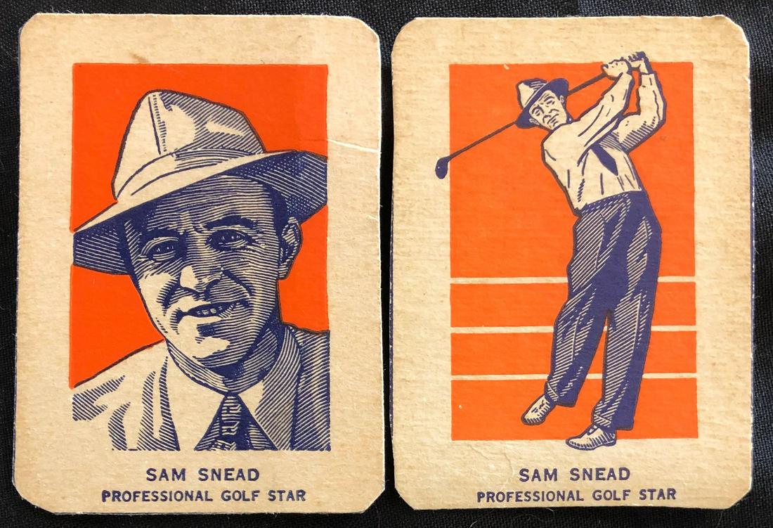 LOT 2 WHEATIES 1952 GOLF CHAMPIONS CARDS: BOTH POSES OF SAM SNEAD - NICELY CUT FROM WHEATIES BOXES
