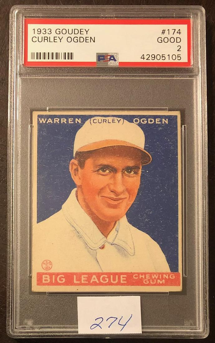 GRADED 1933 "CURLEY" OGDEN GOUDEY BASEBALL CARD: WARREN "CURLY" OGDEN - PSA GRADED 2â€¦GOOD CONDITION - MONTREAL ROYALS CARD #174