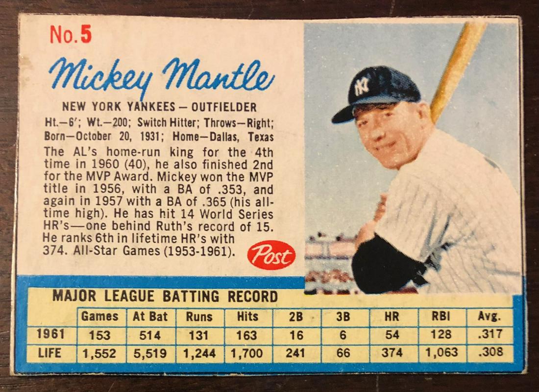 1962 POST CEREAL MICKEY MANTLE BASEBALL CARD (1 of 3)
