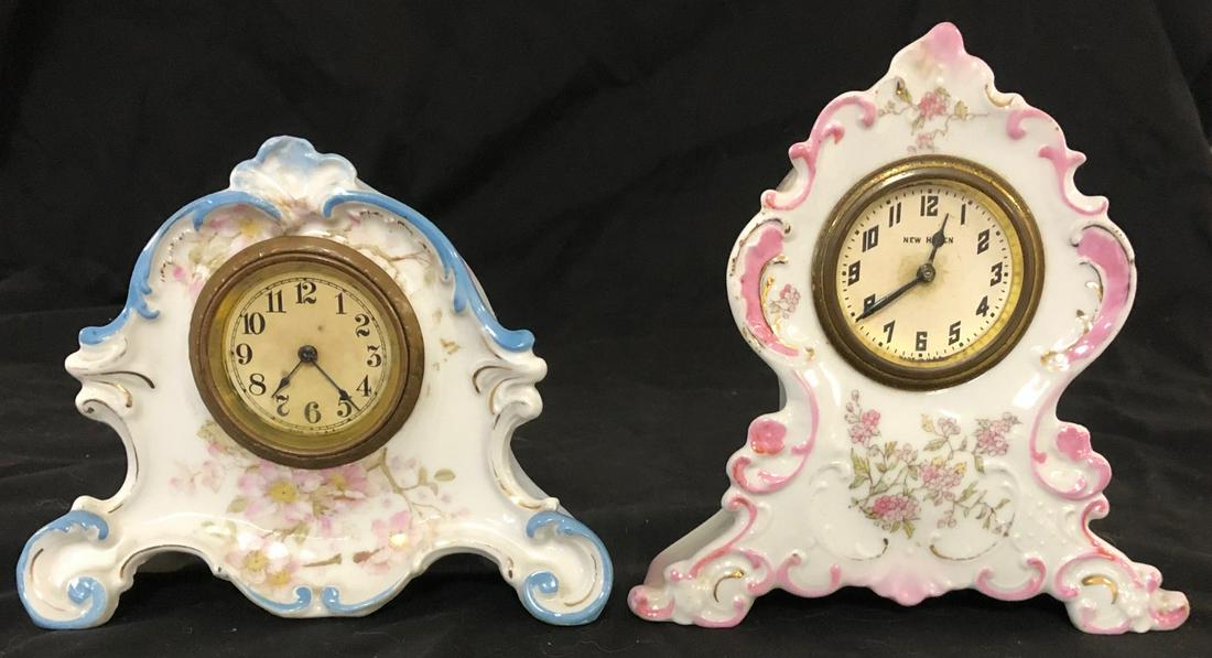 LOT 2 MINIATURE PORCELAIN SHELF CLOCKS: BOTH WORKING WHEN TESTEDâ€¦ONE WITH OUT KEY BUT WOUND, TESTED AND WORKING - NO CHIPS, CRACKS OR REPAIRS