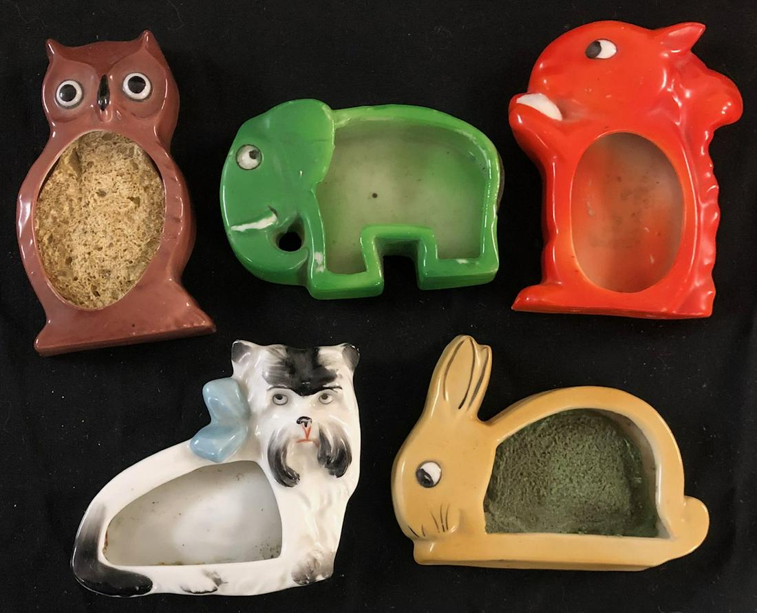 LOT 5 PORCELAIN FIGURAL STAMP MOISTENERS: 4 BY "THE BECKHARD LINE" - MADE IN GERMANY & CZECHOSLOVAKIA - DOG 960, RABBIT 957A, OWL 966, SQUIRREL 959A, ELEPHANT IMPRESSED "MADE IN JAPAN" - NO CHIPS, CRACXKS OR REPAIRS