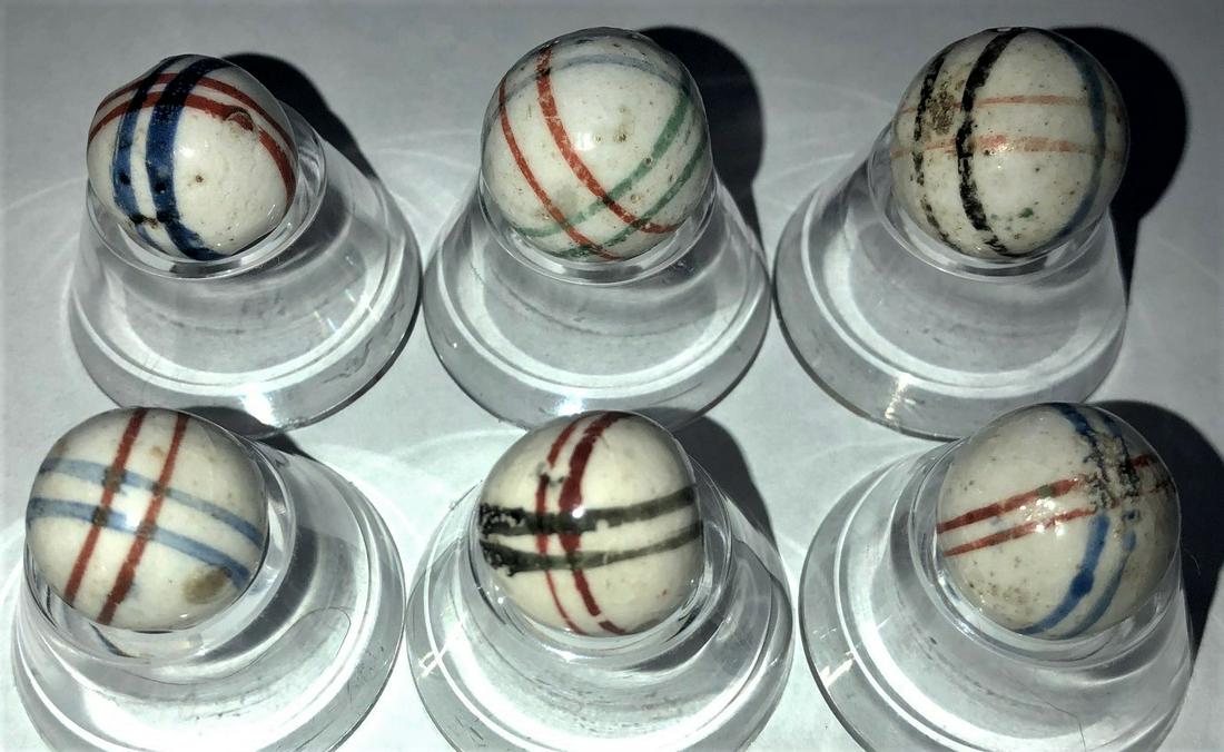 LOT 6 ANTIQUE GLAZED CHINA MARBLES: LOT 6 ANTIQUE GLAZED CHINA MARBLES WITH MULTIPLE INTERSECTING LINES IN RED, BLUE, BLACK & GREEN - VIBRANT COLORS - 9/16" - 19/32"