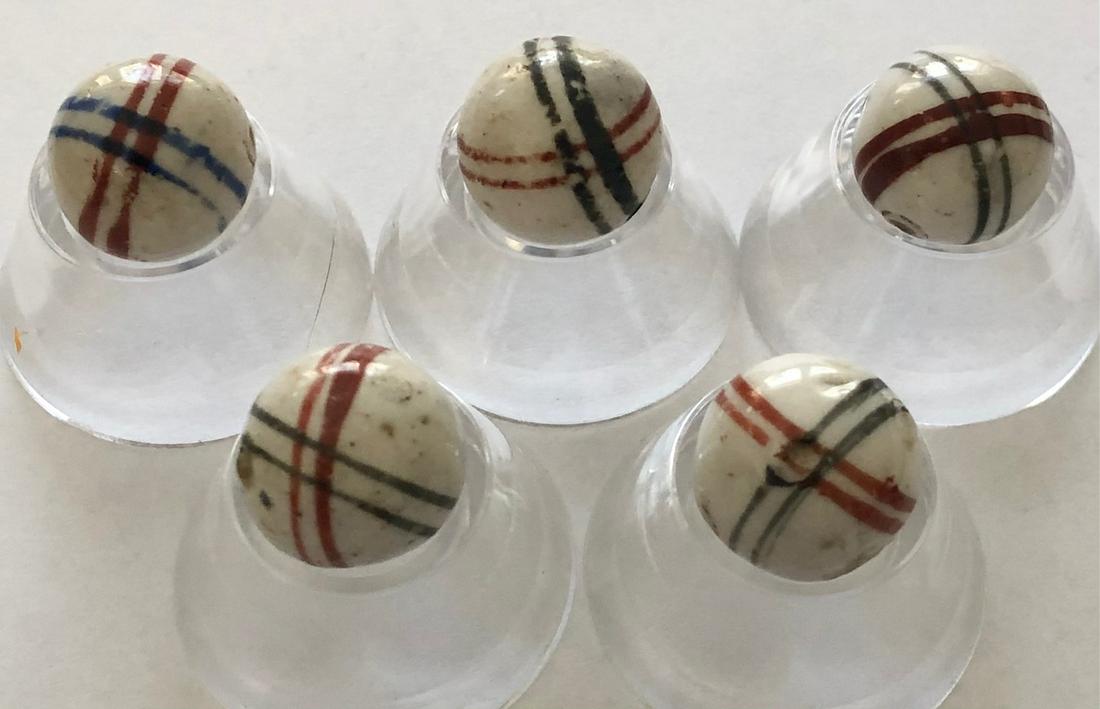 LOT 5 ANTIQUE GLAZED CHINA MARBLES: LOT 5 ANTIQUE GLAZED CHINA MARBLES WITH MULTIPLE INTERSECTING LINES IN RED, BLUE & BLACK - VIBRANT COLORS - 9/16" - 19/32"
