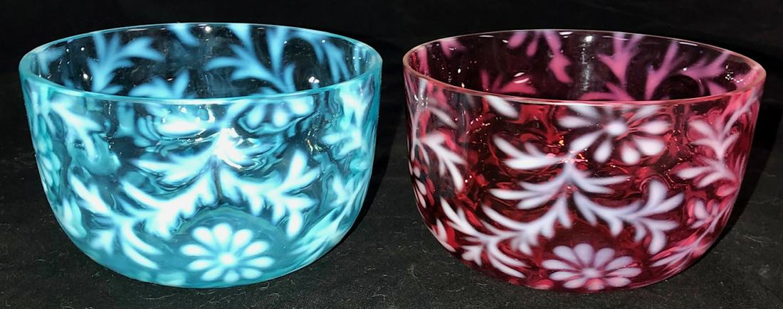 LOT 2 DAISY & FERN OPALESCENT FINGER BOWLS: LOT OF 2 "DAISY & FERN" PATTERN FINGER BOWLSâ€¦CRANBERRY AND BLUE - 4 5/8" DIAMETER X 2 3/4" HIGH - UNDAMAGED