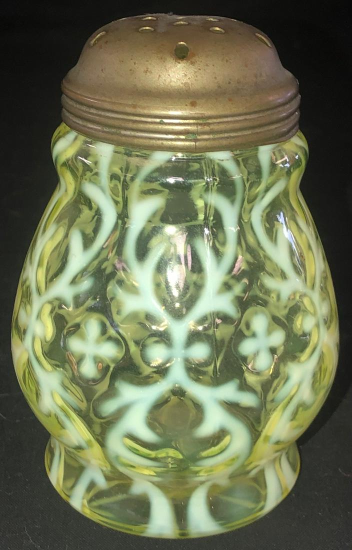 VASELINE OPALESCENT SPANISH LACE / OPALINE BROCADE: VICTORIAN VASELINE OPALESCENT "SPANISH LACE / OPALINE BROCADE" SUGAR SHAKER - PERIOD LID - 4 5/8" HIGH - MINOR ROUGHNESS TO MOUTH UNDER LID