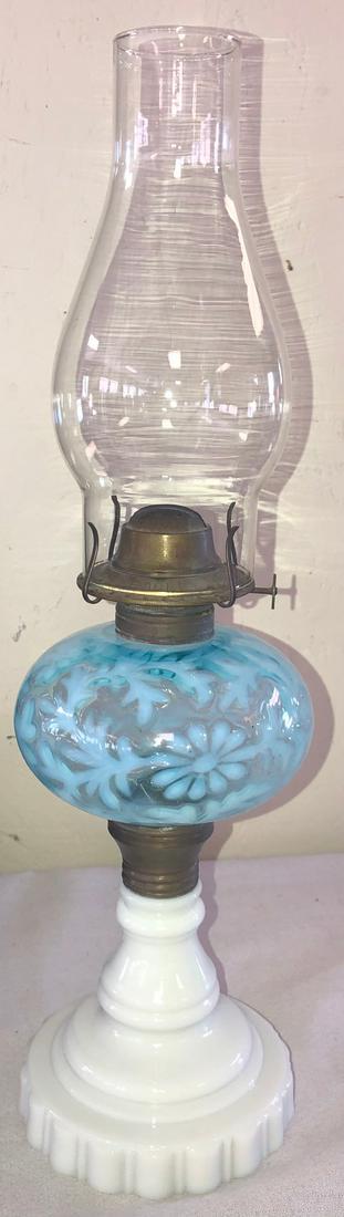 BLUE OPALESCENT DAISY & FERN PEDESTAL BASE OIL LAMP: BLUE OPALESCENT "DAISY & FERN" PEDESTAL BASE OIL LAMP WITH OPAQUE WHITE BASE - WITH CHIMNEY - BRASS BURNER - 18 3/4" HIGH INCLUDING CHIMNEY - PREVIOUSLY DRILLED BASE FOR ELECTRIC - OTHERWISE UNDAMAGED