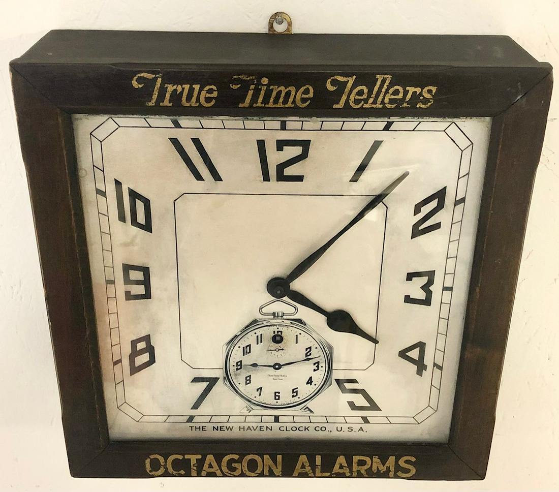 "OCTAGON ALARMS" ADVERTISING WALL CLOCK: "TRUE TIME TELLERS / OCTAGON ALARMS" WOODEN ADVERTISING WALL CLOCK - BRASS WORKS - EMBOSSED BRASS PENDULUM - POCKETWATCH LOGO ON DIAL - "TRUE TIME TELLERS / TOM-TOM / THE NEW HAVEN CLOCK CO. U.S.A." -