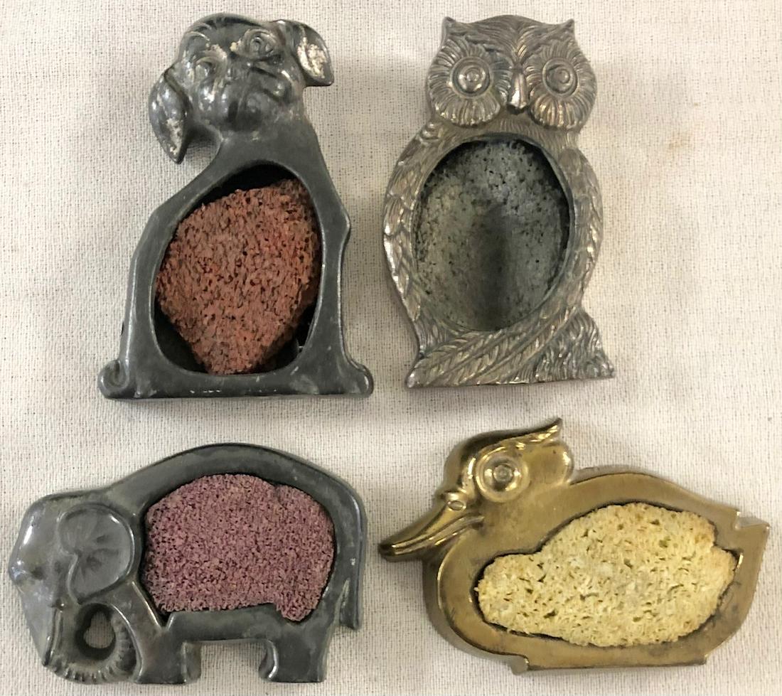 LOT 4 METAL FIGURAL ANIMAL STAMP MOISTENERS C. 1930: ALL MARKED WITH J.B. (JENNINGS BROTHERS / BRIDGEPORT, CT.) AND A MODEL # - ELEPHANT J.B. 386, DUCK J.B. 384, OWL J.B. 450, DOG J.B. 208 - UNDAMAGEDâ€¦SURFACE WEAR CONSISTENT WITH AGE AND USE
