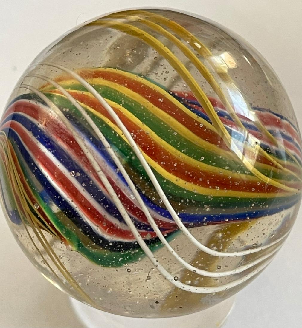 LG 1 13/16" ANTIQUE GERMAN RIBBON CORE MARBLE: LG 1 13/16" ANTIQUE GERMAN QUAD (4) RIBBON CORE MARBLE WITH TRIPLE SWIRL CAGE - BEAUTIFUL 4 RIBBON CORE CENTER IN RED, WHITE, BLUE AND GREEN, ORANGE, YELLOW RIBBONS - CAGED IN ALTERNATING 3 BAND YELLO