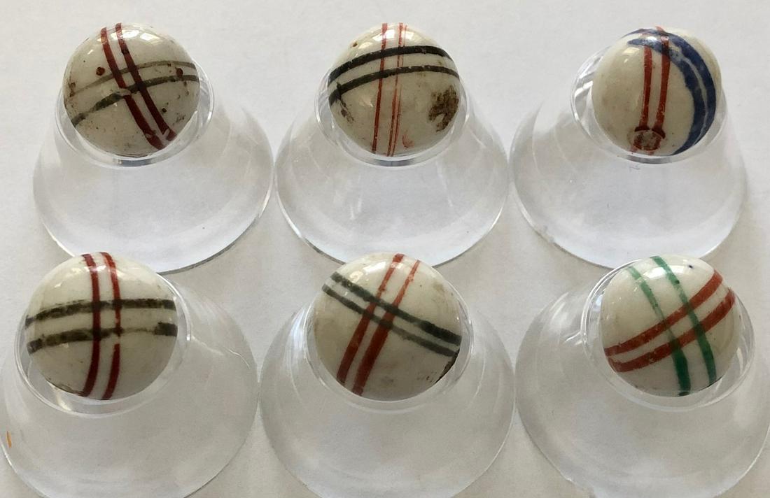 LOT 6 ANTIQUE GLAZED CHINA MARBLES: LOT 6 ANTIQUE GLAZED CHINA MARBLES WITH MULTIPLE INTERSECTING LINES IN RED, BLUE, BLACK & GREEN - VIBRANT COLORS - 9/16" - 11/16"